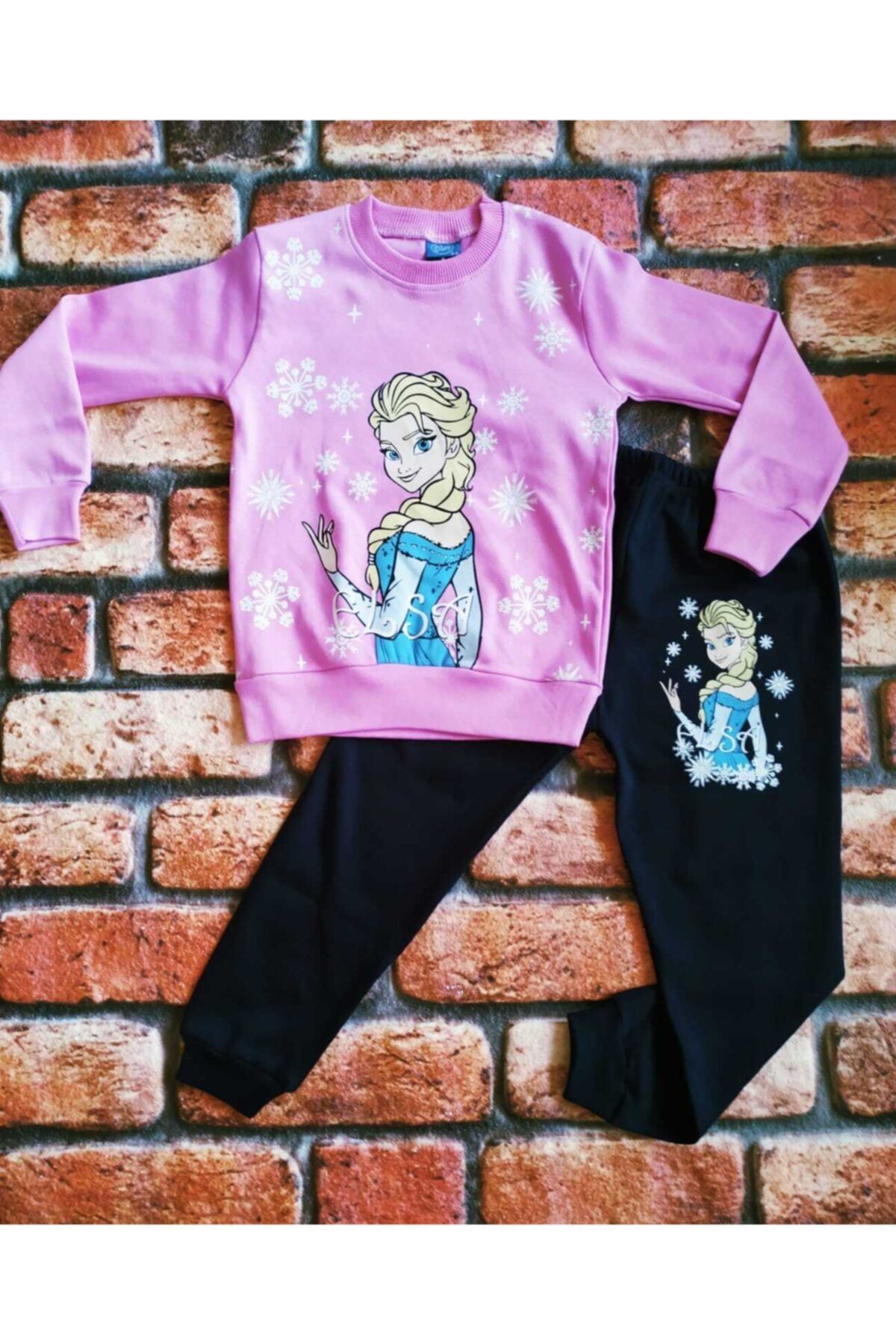 Elsa%20Desenli%20Baskılı%20%100%20Pamuklu%20Kız%20Çocuk%20Pembe%20Pijama%20Takımı