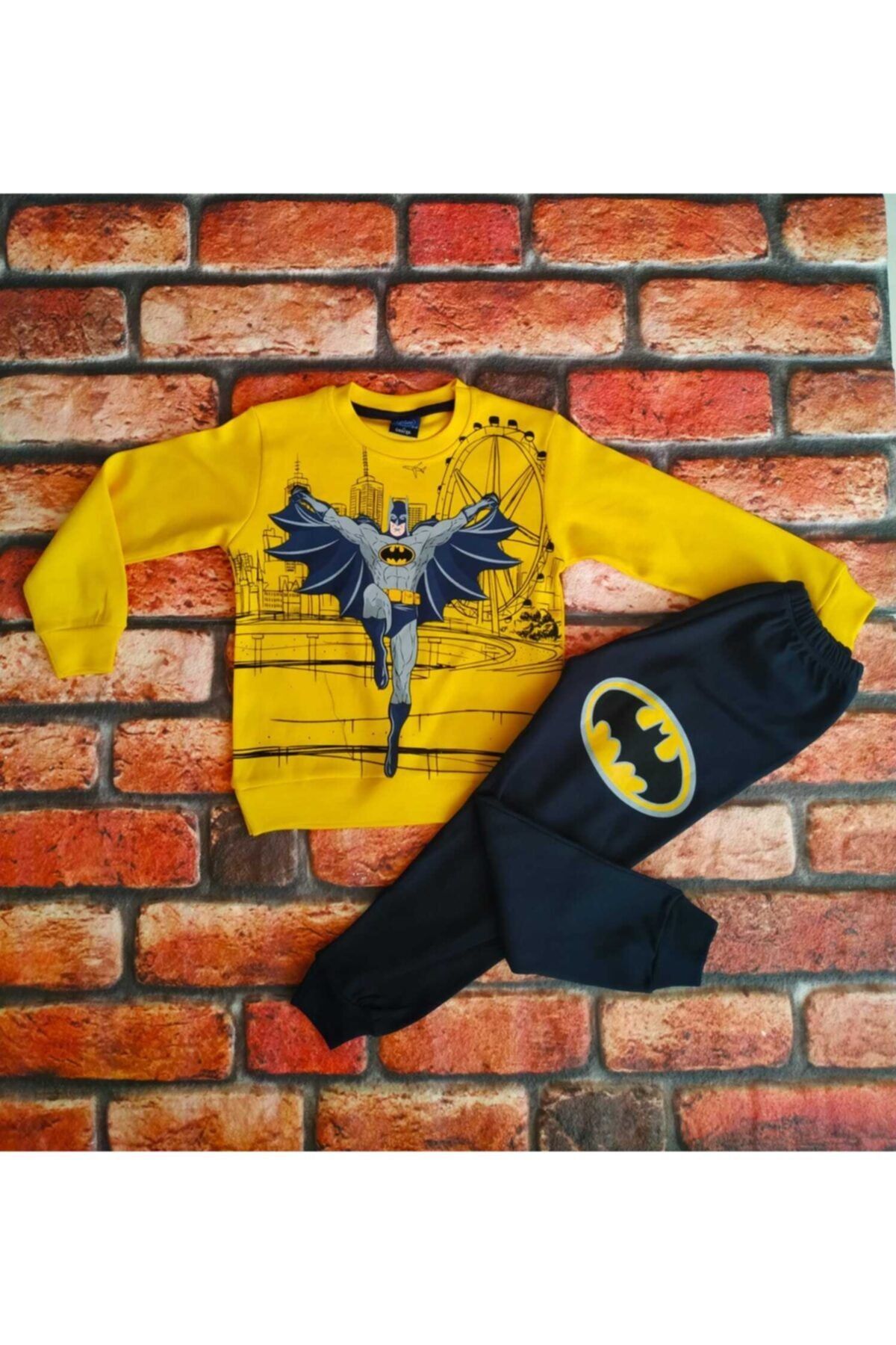 Sarı%20Renk%20Batman%20Betmen%20Desenli%100pamuk%20Pijama%20Takımı