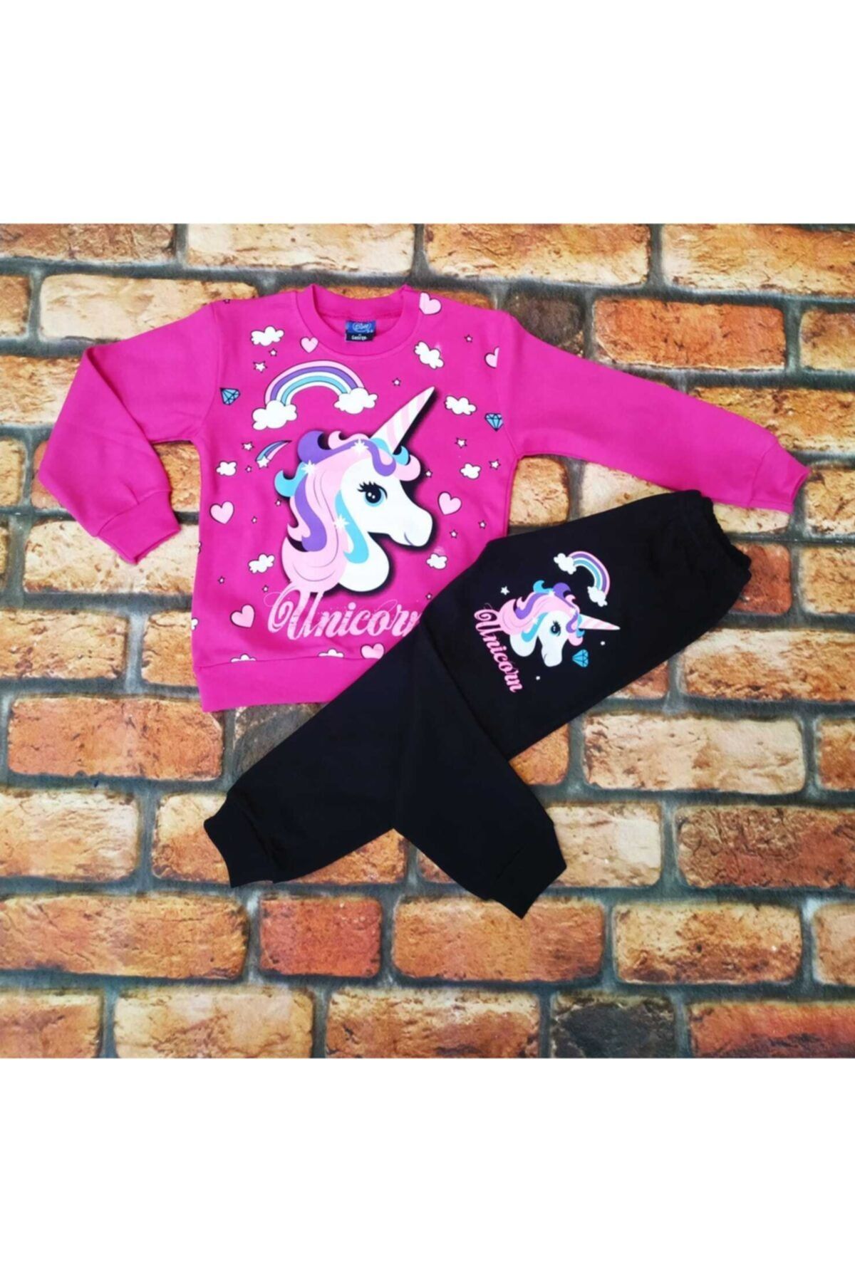 Unicorn%20Ünikorn%20Desenli%20Baskılı%20Kız%20Çocuk%20Pijama%20Takımı%100pamuklu%20Pembe%20Renk